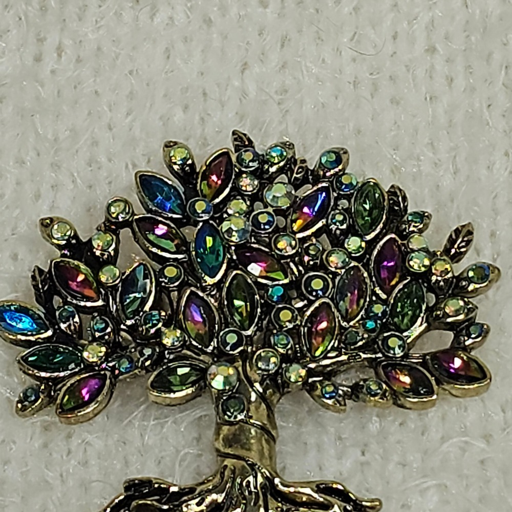 Tree of Life Brooch Multi Color Rhinestone Gold Tone Crystal Pin - Picture 5 of 5